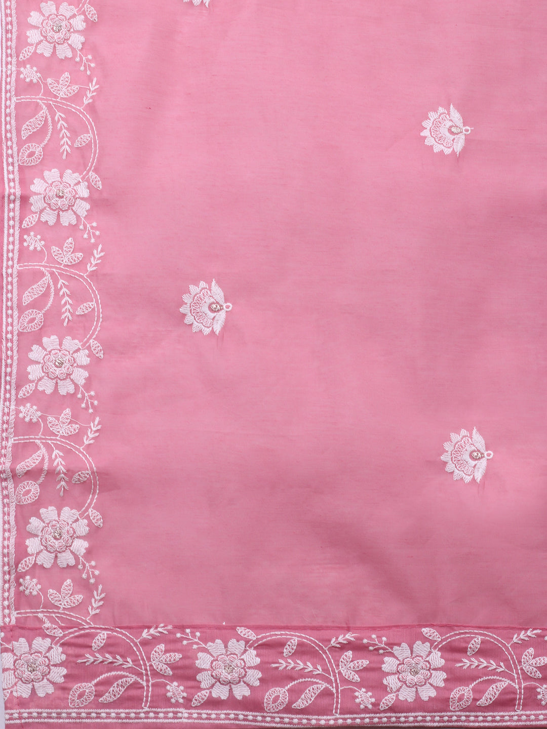 Pink Embroidered Chanderi Unstitched Suit &amp; Pant With Chanderi Dupatta