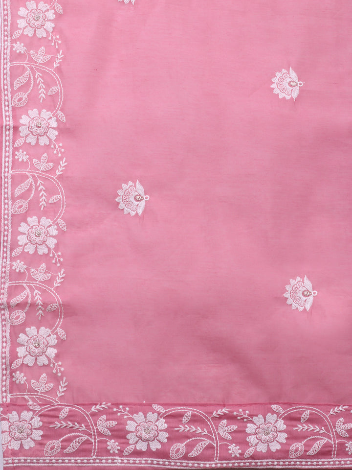 Pink Embroidered Chanderi Unstitched Suit &amp; Pant With Chanderi Dupatta