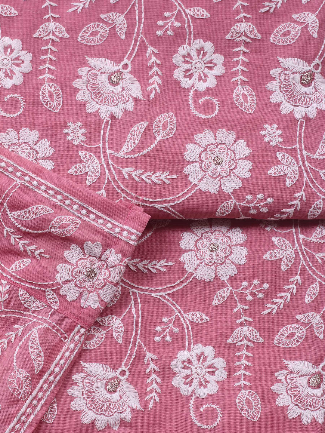 Pink Embroidered Chanderi Unstitched Suit &amp; Pant With Chanderi Dupatta