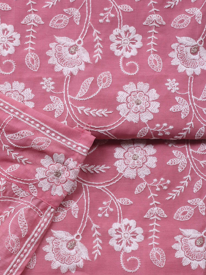 Pink Embroidered Chanderi Unstitched Suit &amp; Pant With Chanderi Dupatta