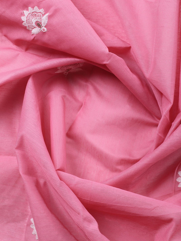 Pink Embroidered Chanderi Unstitched Suit &amp; Pant With Chanderi Dupatta
