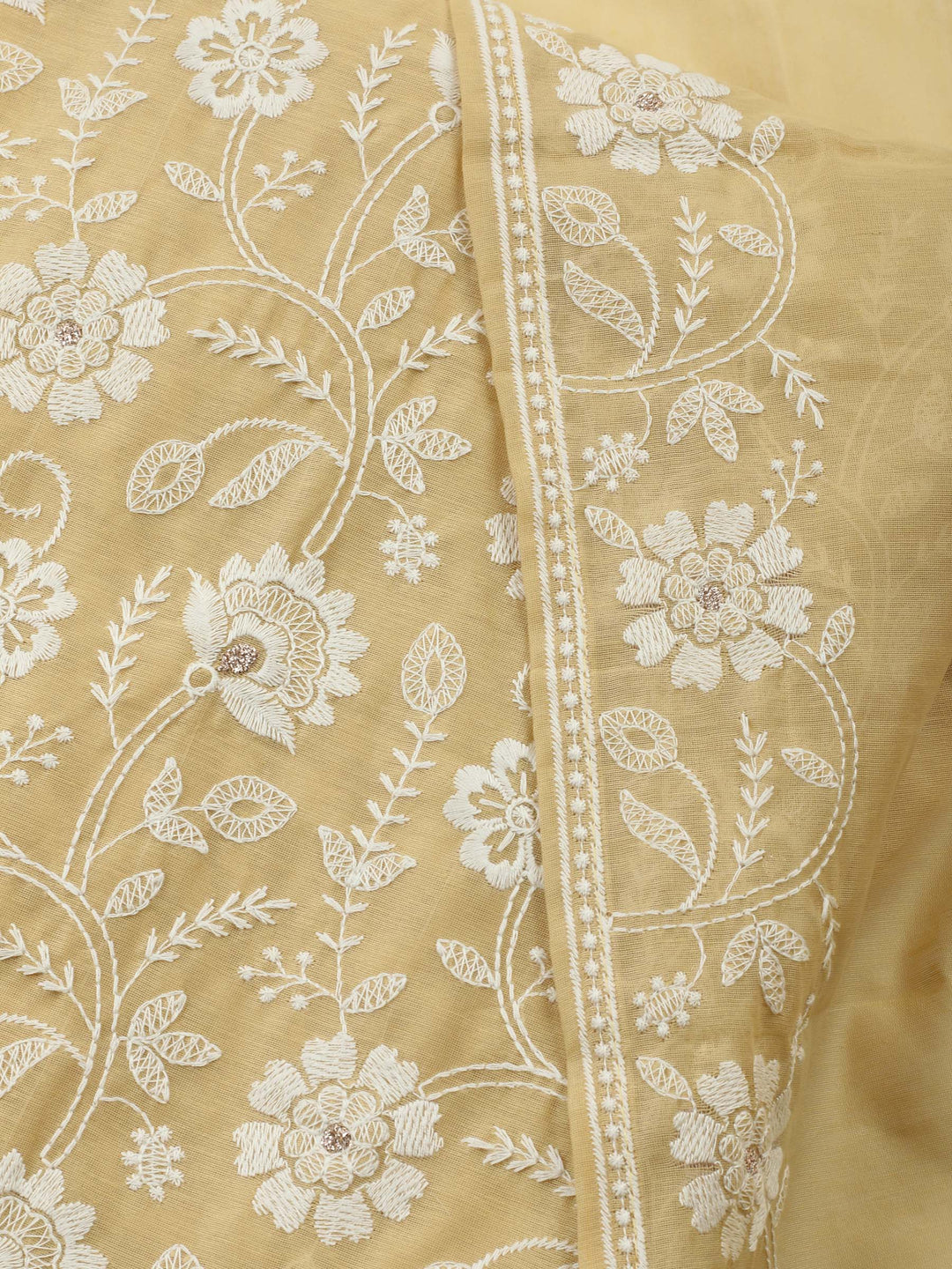 Yellow Embroidered Chanderi Unstitched Suit &amp; Pant With Chanderi Dupatta