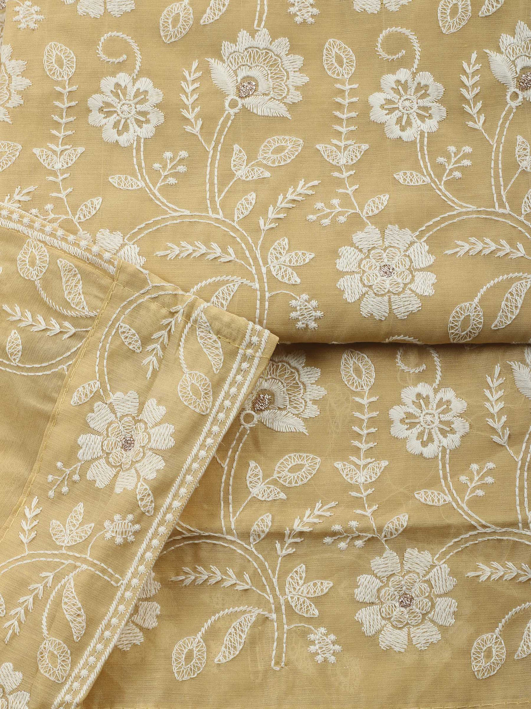 Yellow Embroidered Chanderi Unstitched Suit &amp; Pant With Chanderi Dupatta