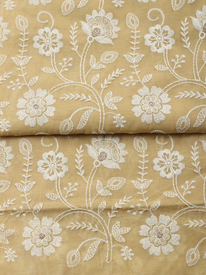 Yellow Embroidered Chanderi Unstitched Suit &amp; Pant With Chanderi Dupatta