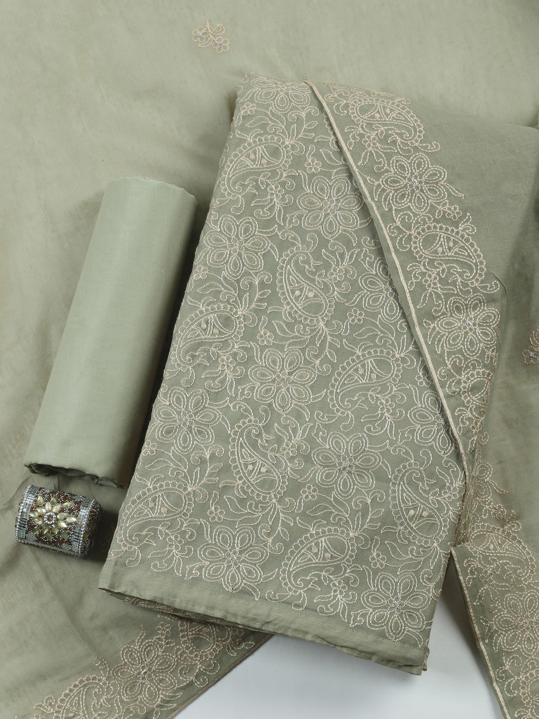 Aqua Green Embroidered Chanderi Unstitched Suit &amp; Pant With Chanderi Dupatta
