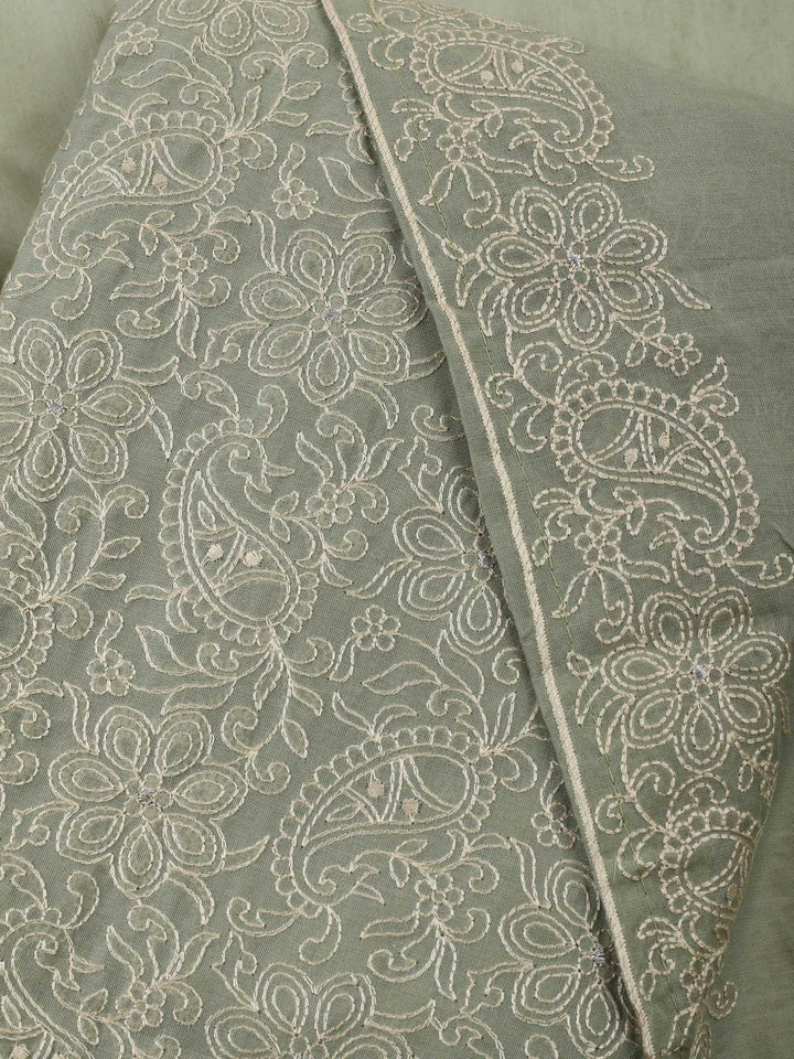Aqua Green Embroidered Chanderi Unstitched Suit &amp; Pant With Chanderi Dupatta
