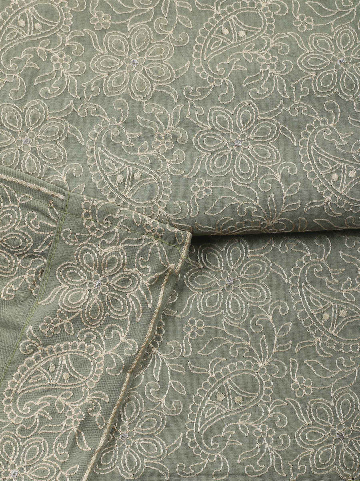 Aqua Green Embroidered Chanderi Unstitched Suit &amp; Pant With Chanderi Dupatta