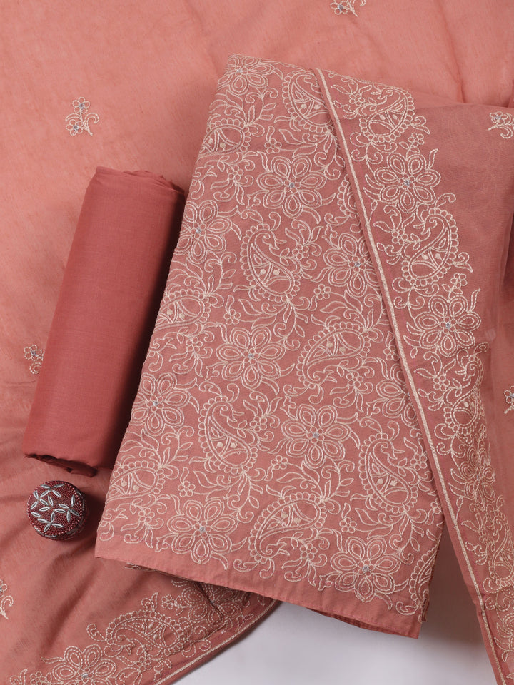 Dull Pink Embroidered Chanderi Unstitched Suit &amp; Pant With Chanderi Dupatta