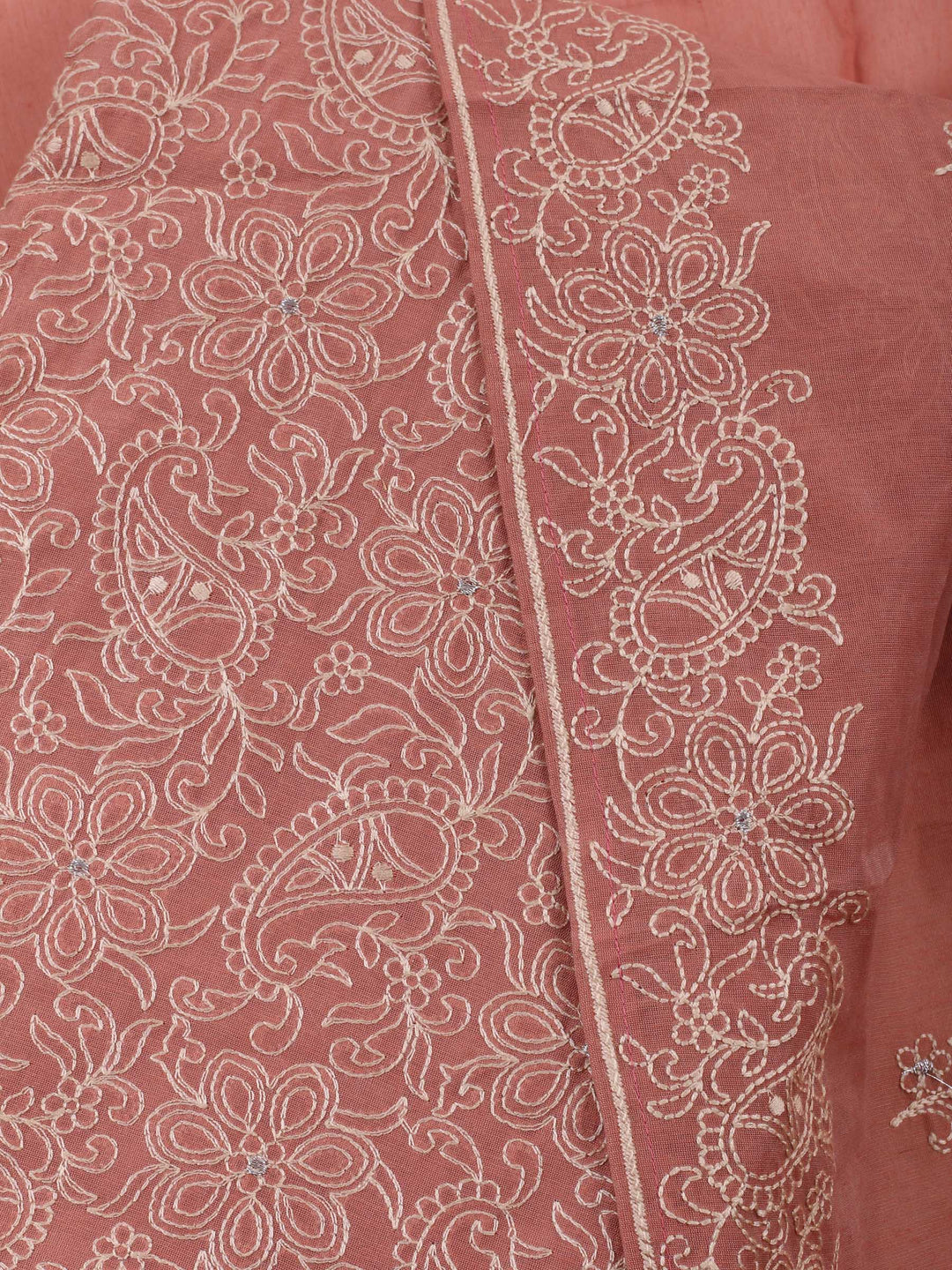 Dull Pink Embroidered Chanderi Unstitched Suit &amp; Pant With Chanderi Dupatta