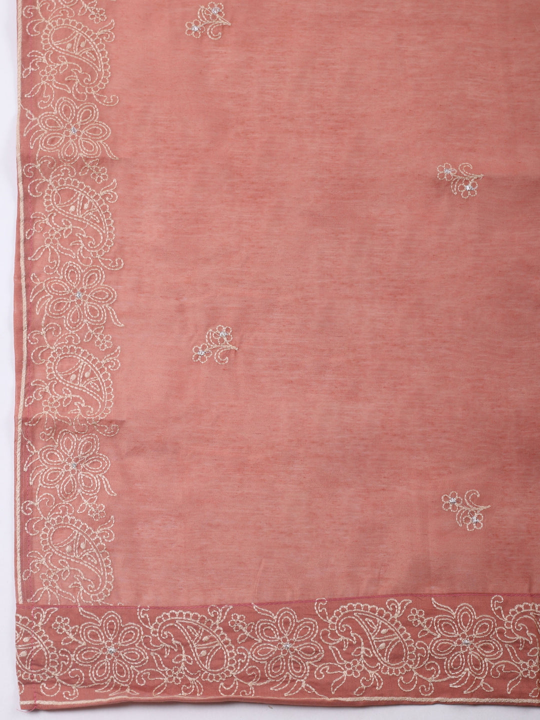 Dull Pink Embroidered Chanderi Unstitched Suit &amp; Pant With Chanderi Dupatta
