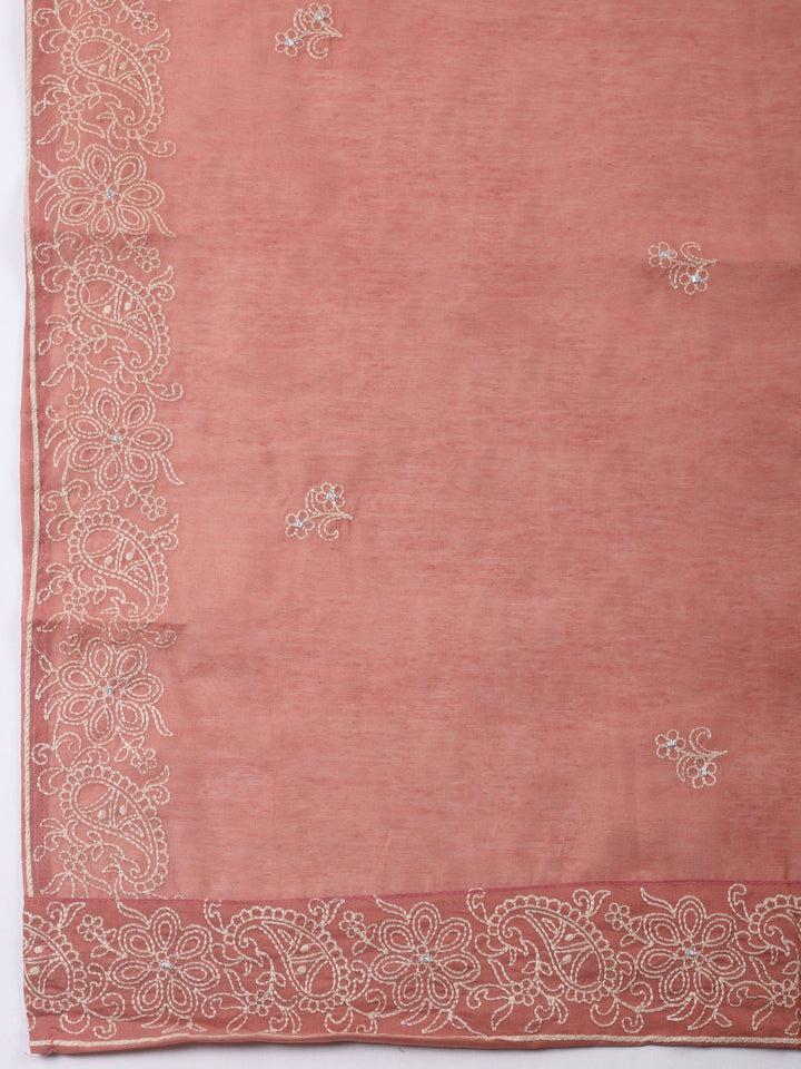 Dull Pink Embroidered Chanderi Unstitched Suit &amp; Pant With Chanderi Dupatta