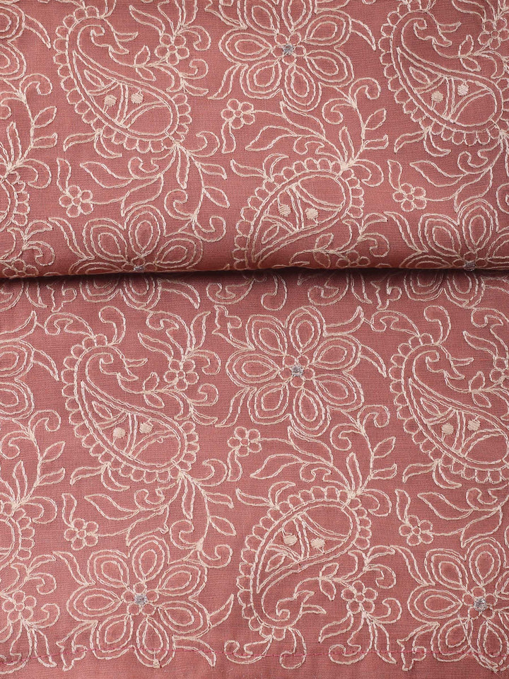 Dull Pink Embroidered Chanderi Unstitched Suit &amp; Pant With Chanderi Dupatta
