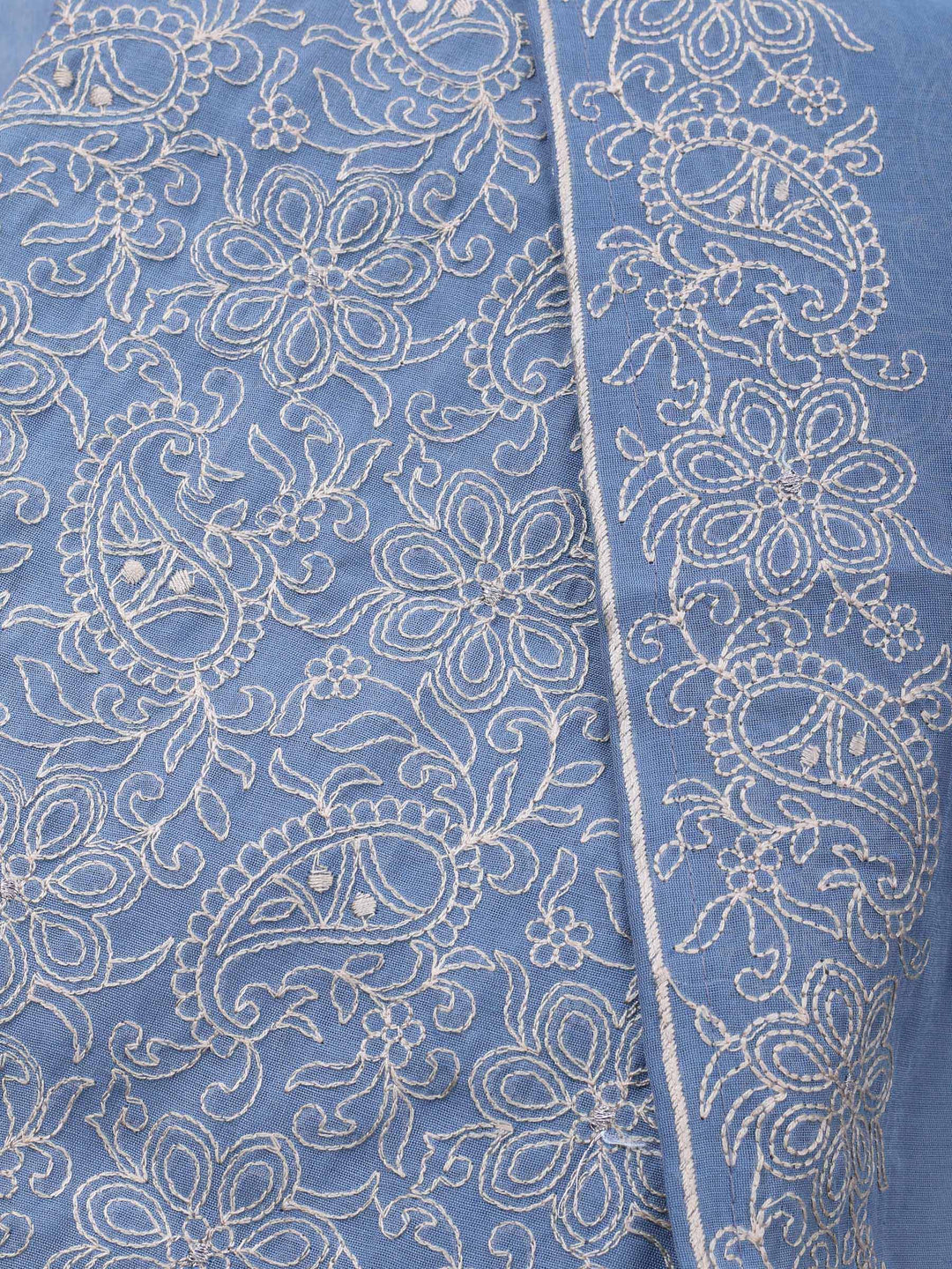 Grey Embroidered Chanderi Unstitched Suit &amp; Pant With Chanderi Dupatta