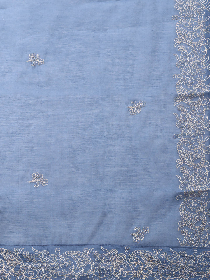 Grey Embroidered Chanderi Unstitched Suit &amp; Pant With Chanderi Dupatta