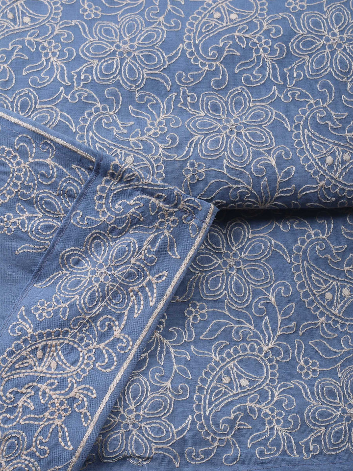 Grey Embroidered Chanderi Unstitched Suit &amp; Pant With Chanderi Dupatta