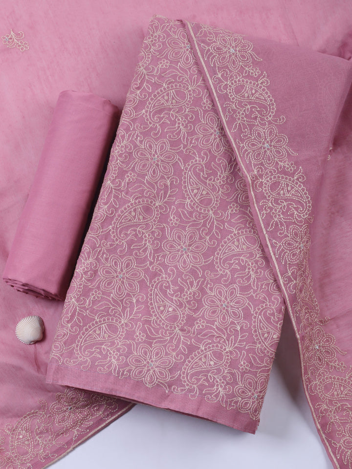 Pink Embroidered Chanderi Unstitched Suit &amp; Pant With Chanderi Dupatta