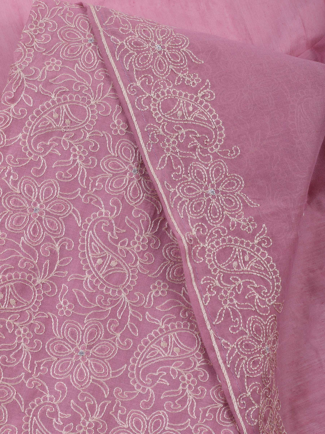 Pink Embroidered Chanderi Unstitched Suit &amp; Pant With Chanderi Dupatta