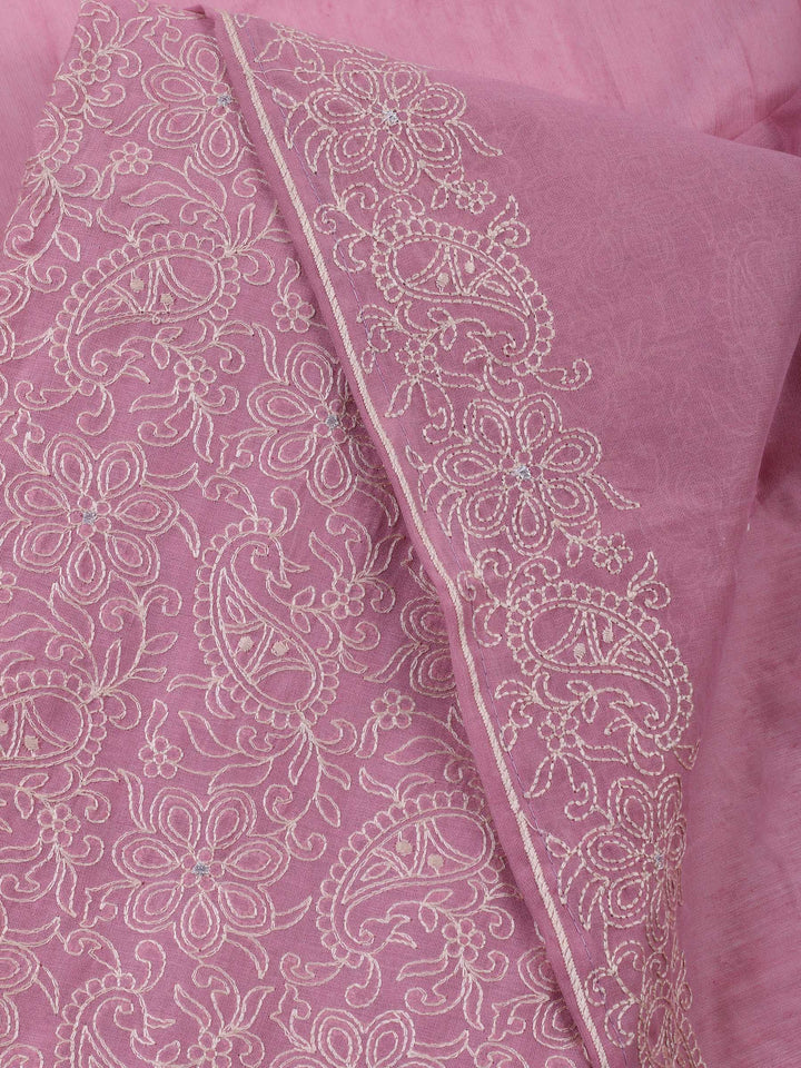 Pink Embroidered Chanderi Unstitched Suit &amp; Pant With Chanderi Dupatta