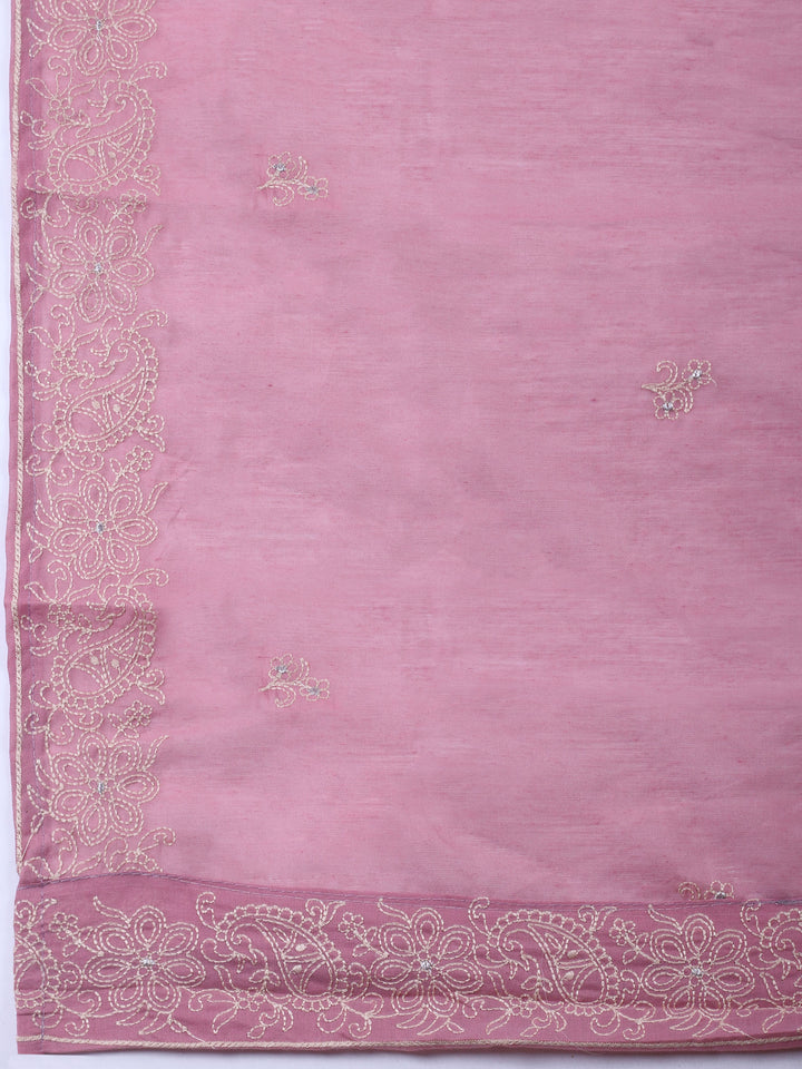 Pink Embroidered Chanderi Unstitched Suit &amp; Pant With Chanderi Dupatta