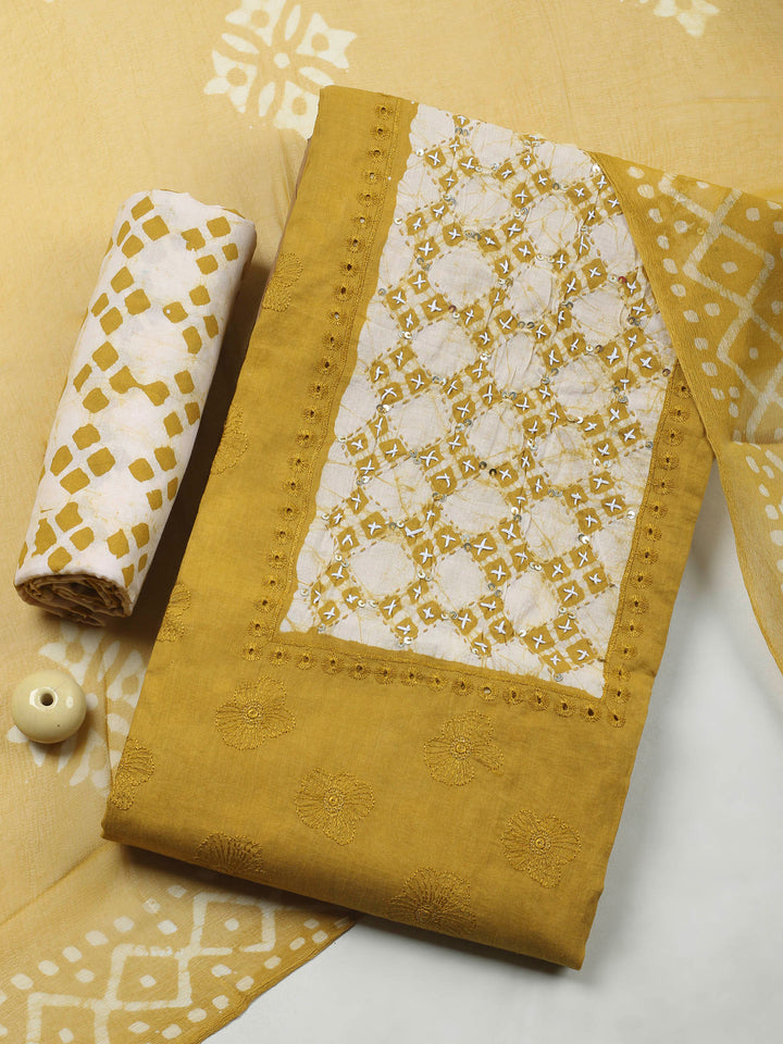 Mustard Embroidery Cotton Blend Unstitched Dress Material