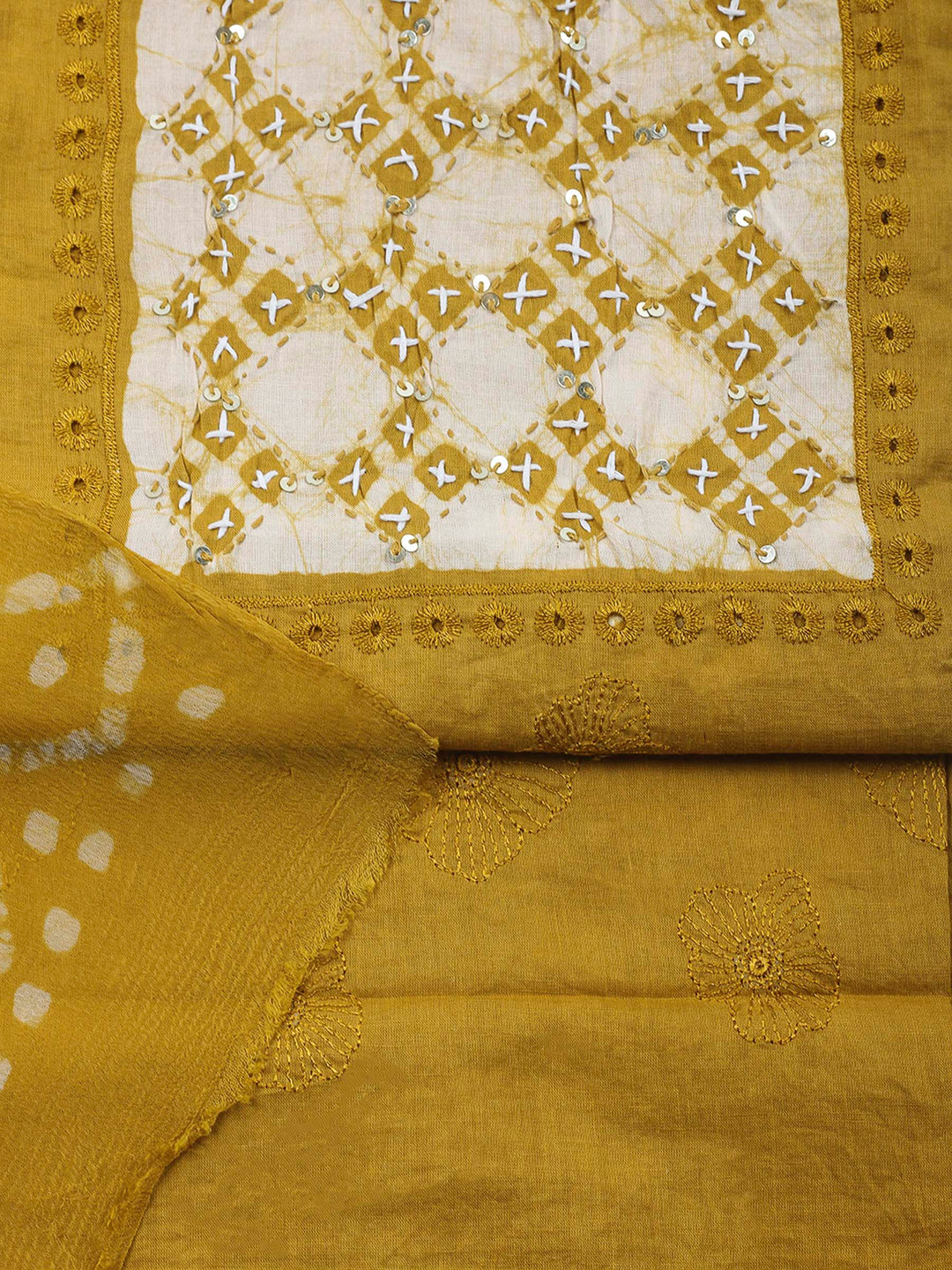 Mustard Embroidery Cotton Blend Unstitched Dress Material