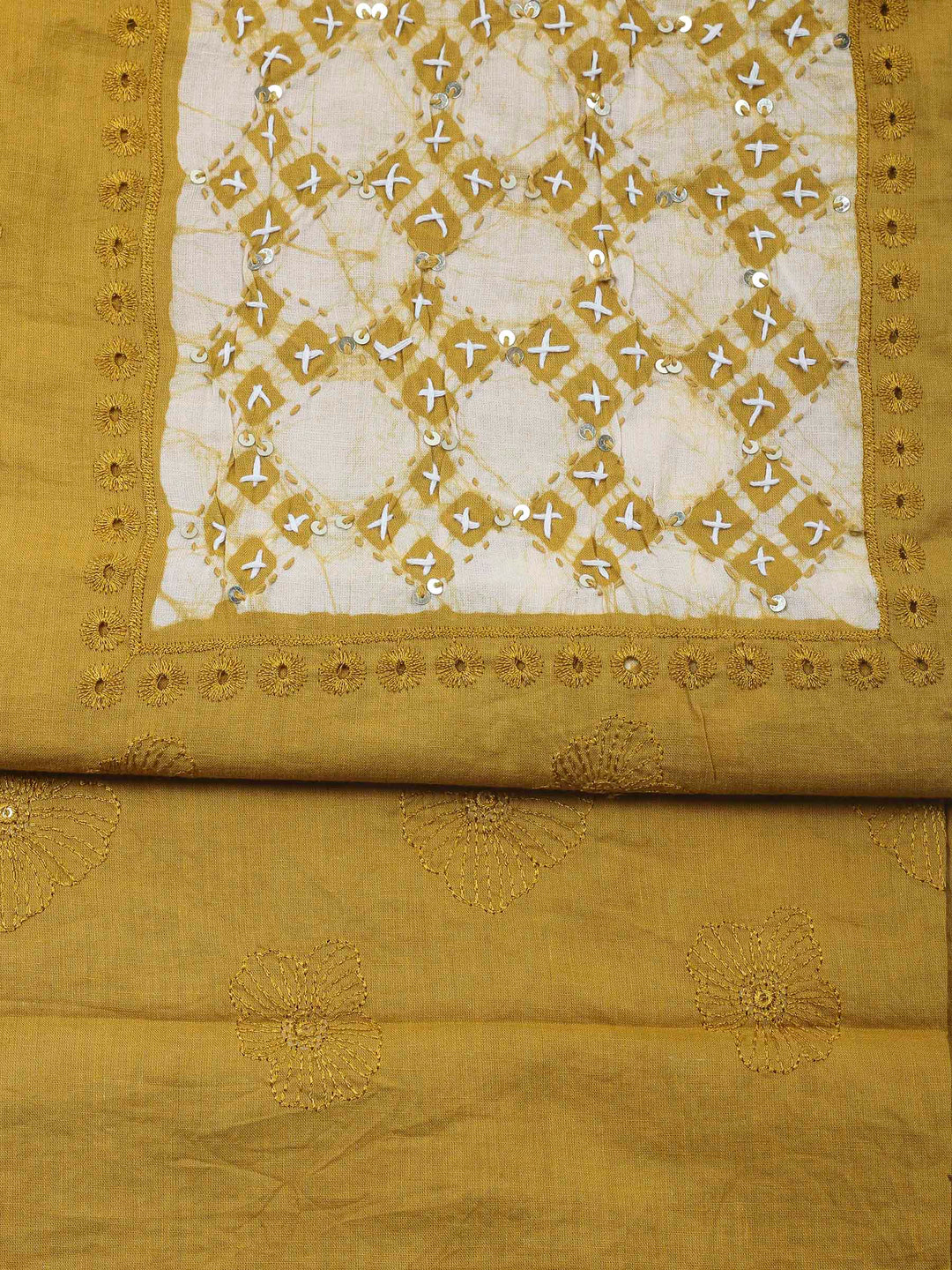 Mustard Embroidery Cotton Blend Unstitched Dress Material
