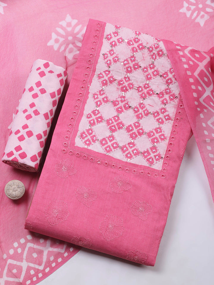 Pink Embroidery Cotton Blend Unstitched Dress Material