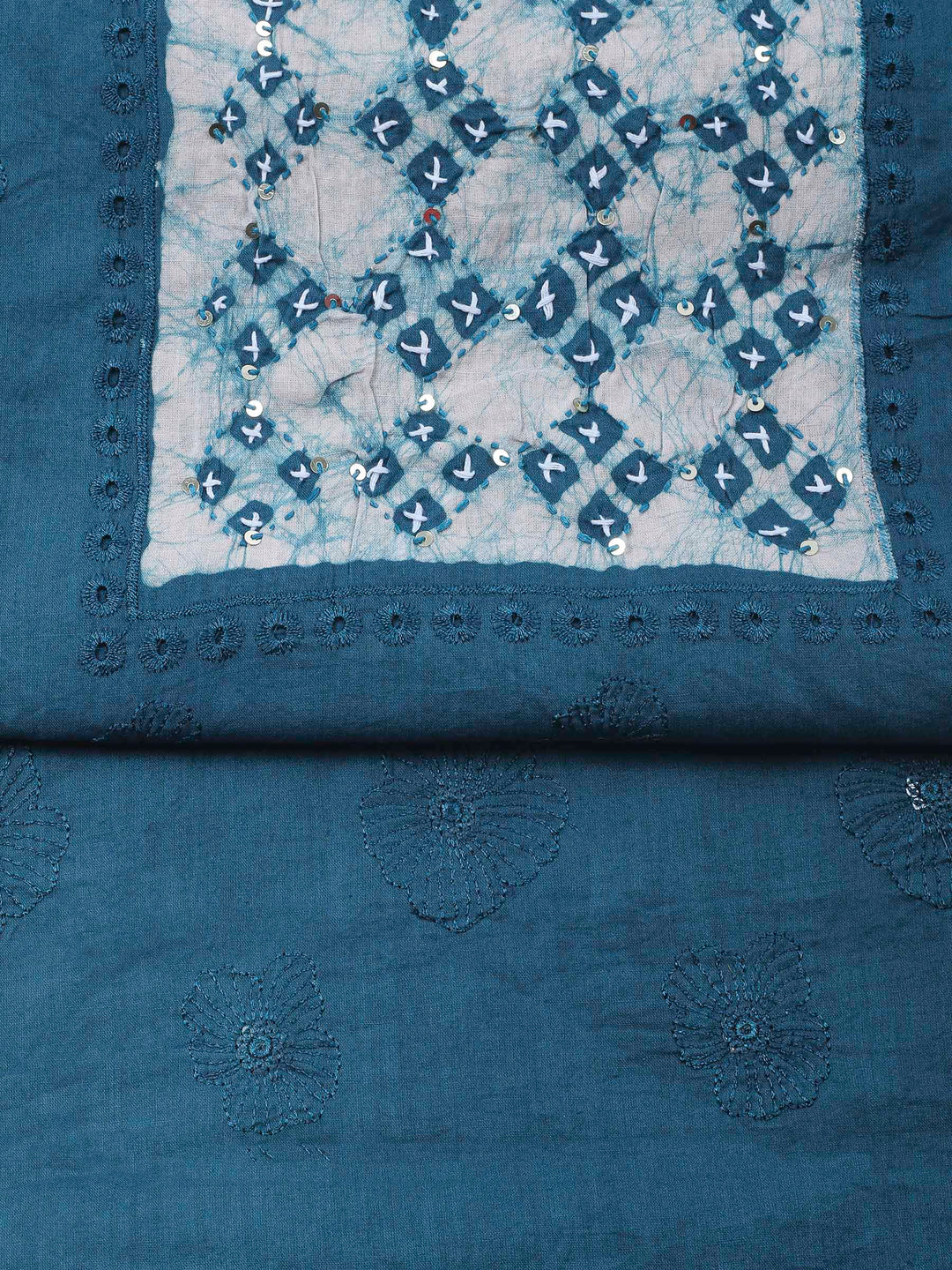 Teal Blue Embroidery Cotton Blend Unstitched Dress Material