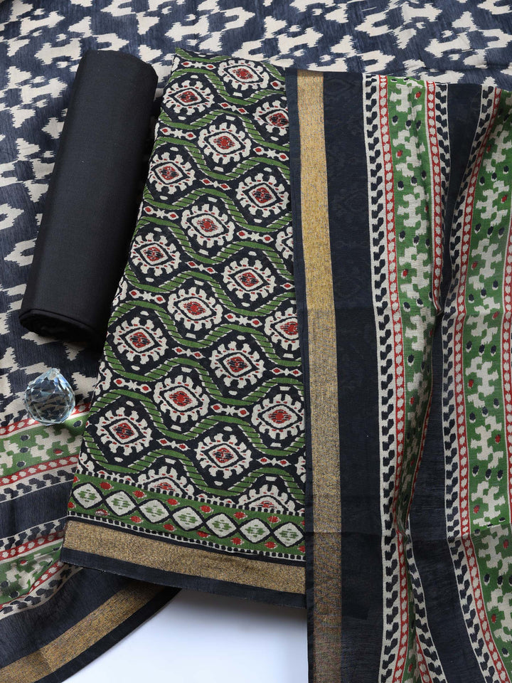 Black Embroidered Cotton Blend Unstitched Suit &amp; Pant With Cotton Dupatta