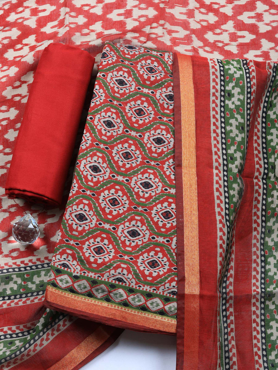 Maroon Embroidered Cotton Blend Unstitched Suit &amp; Pant With Cotton Dupatta
