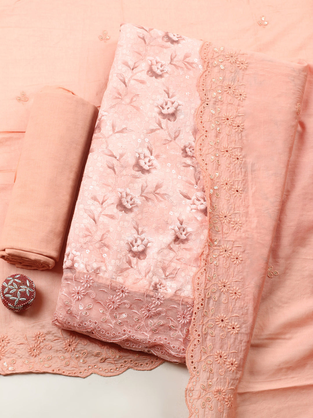 Peach Printed Cotton Blend Unstitched Suit &amp; Pant With Cotton Dupatta