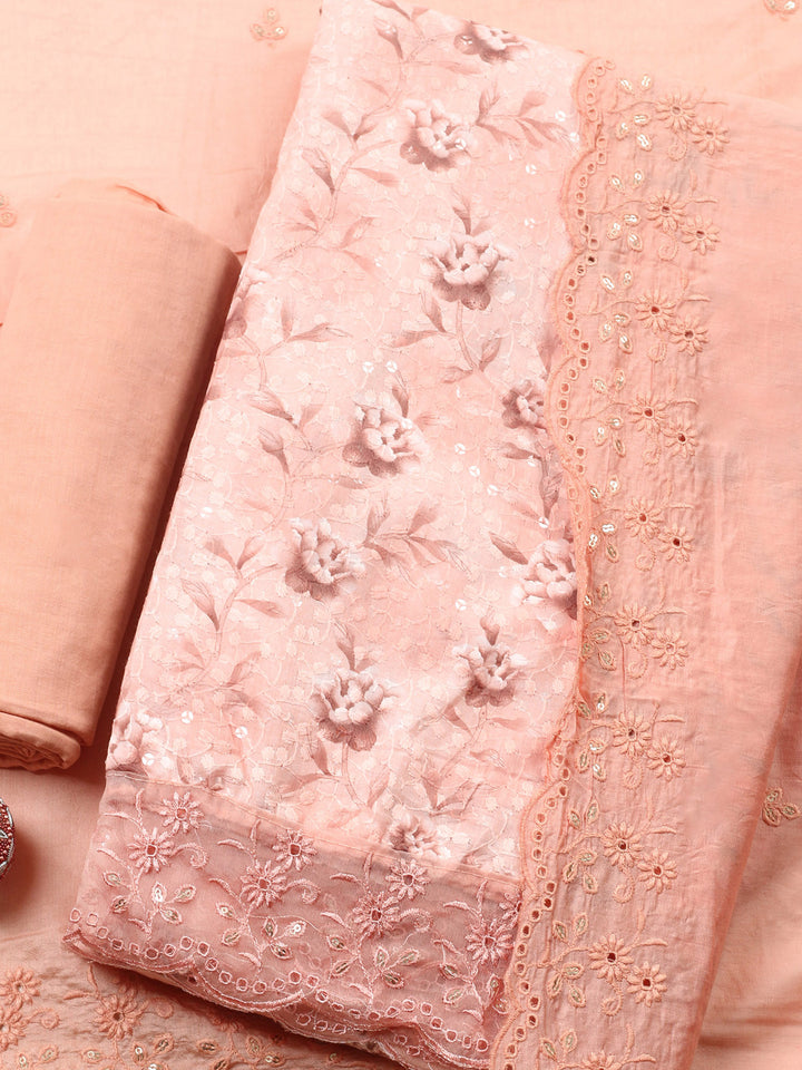 Peach Printed Cotton Blend Unstitched Suit &amp; Pant With Cotton Dupatta