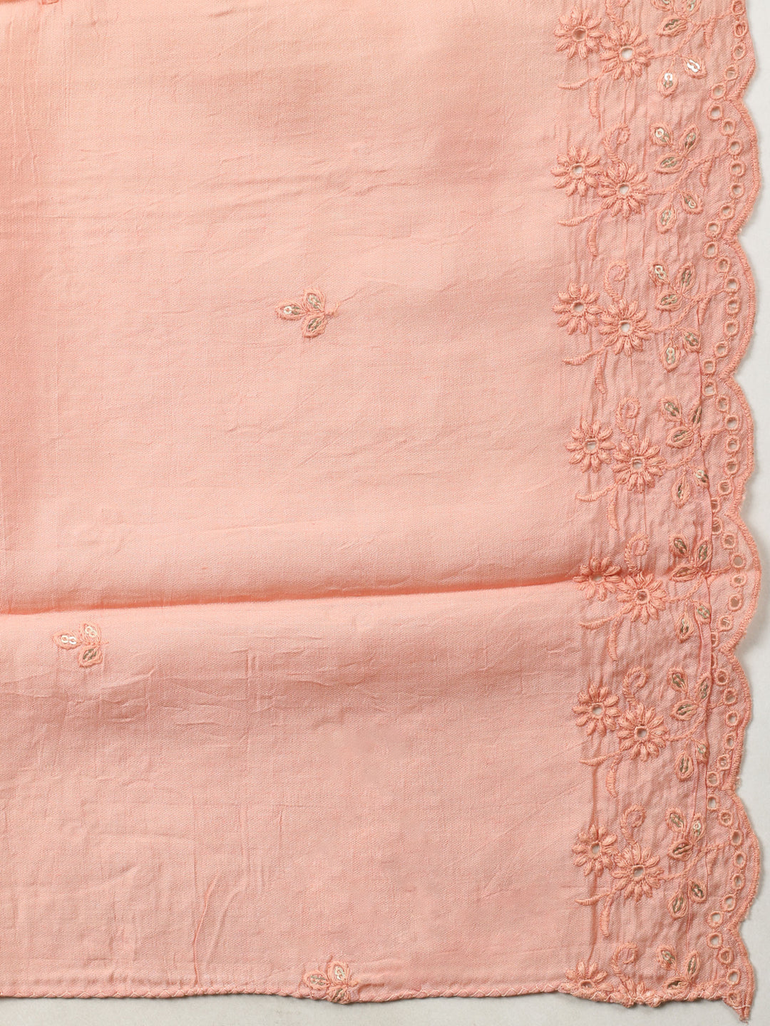 Peach Printed Cotton Blend Unstitched Suit &amp; Pant With Cotton Dupatta