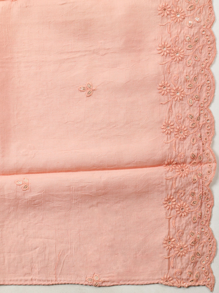 Peach Printed Cotton Blend Unstitched Suit &amp; Pant With Cotton Dupatta
