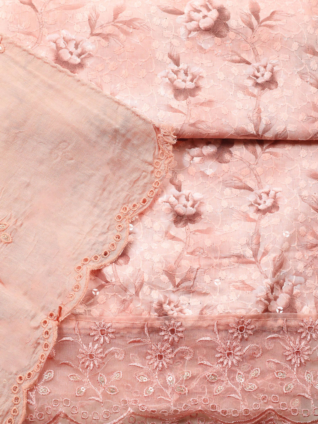 Peach Printed Cotton Blend Unstitched Suit &amp; Pant With Cotton Dupatta