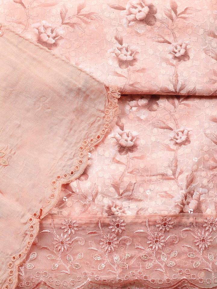 Peach Printed Cotton Blend Unstitched Suit &amp; Pant With Cotton Dupatta