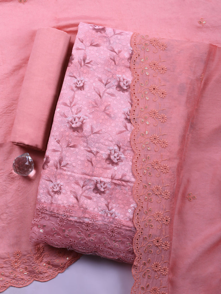 Pink Printed Cotton Blend Unstitched Suit &amp; Pant With Cotton Dupatta