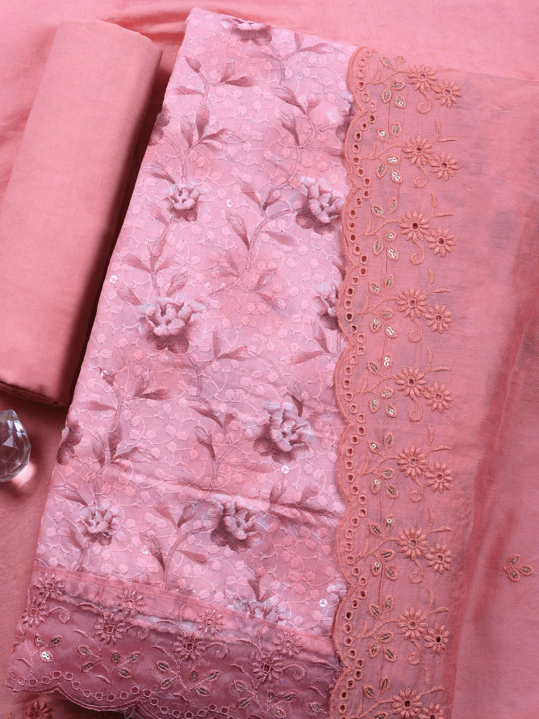 Pink Printed Cotton Blend Unstitched Suit &amp; Pant With Cotton Dupatta