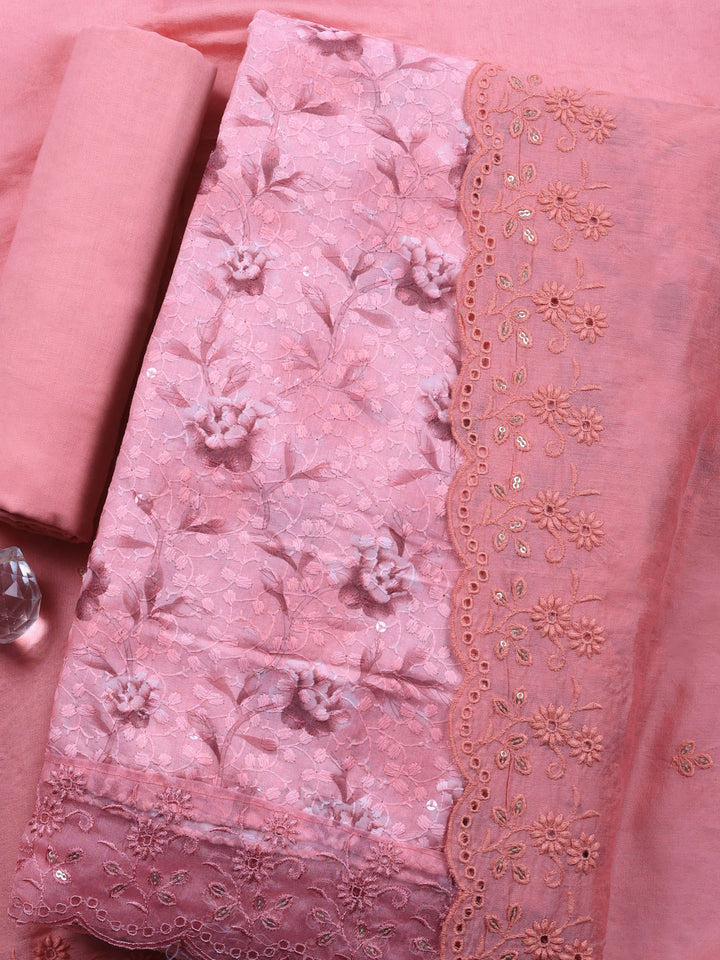 Pink Printed Cotton Blend Unstitched Suit &amp; Pant With Cotton Dupatta