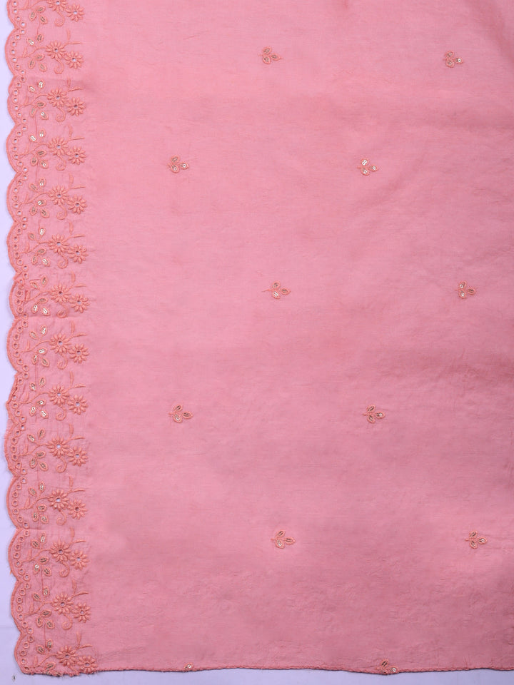 Pink Printed Cotton Blend Unstitched Suit &amp; Pant With Cotton Dupatta