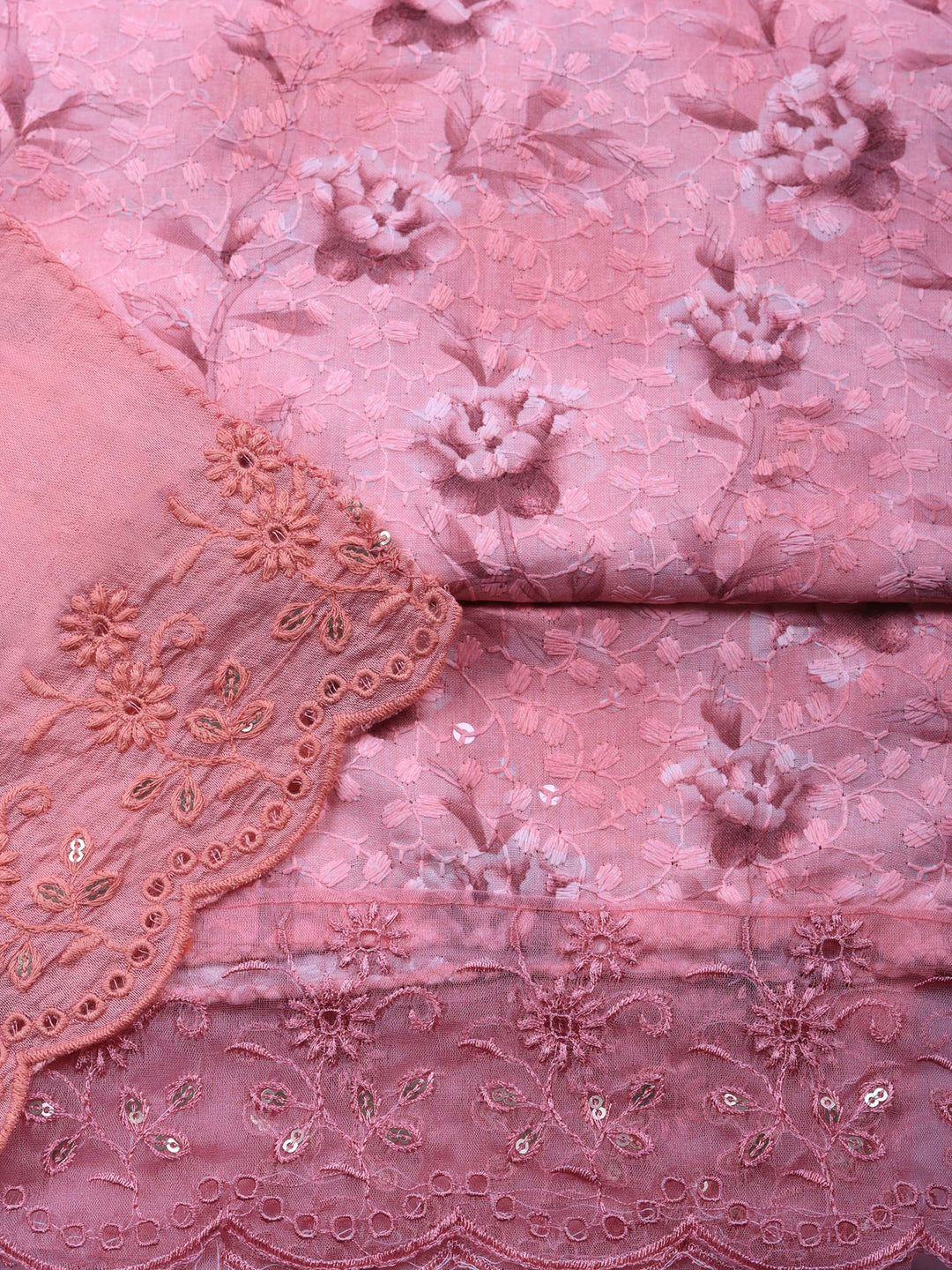 Pink Printed Cotton Blend Unstitched Suit &amp; Pant With Cotton Dupatta