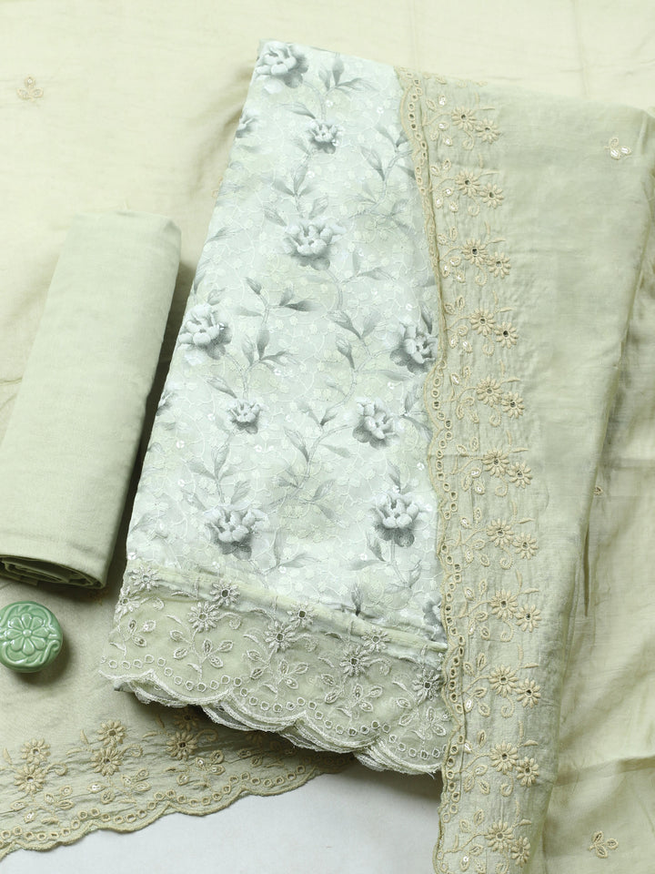 Pista Green Printed Cotton Blend Unstitched Suit &amp; Pant With Cotton Dupatta