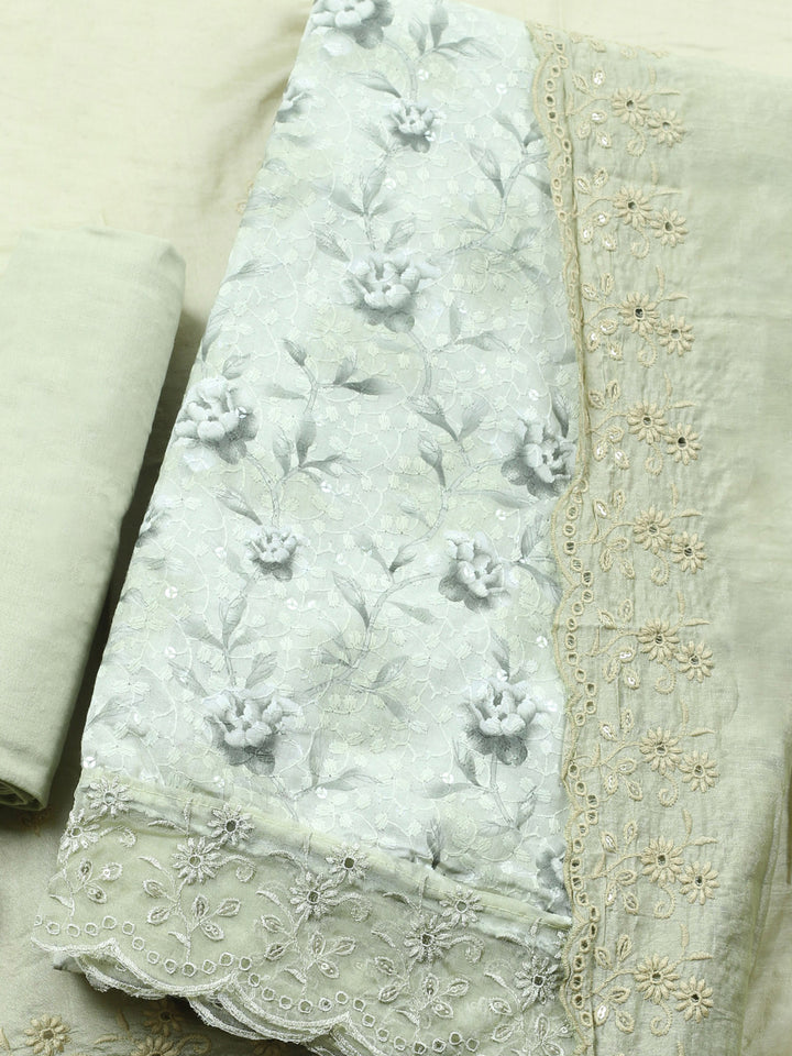 Pista Green Printed Cotton Blend Unstitched Suit &amp; Pant With Cotton Dupatta