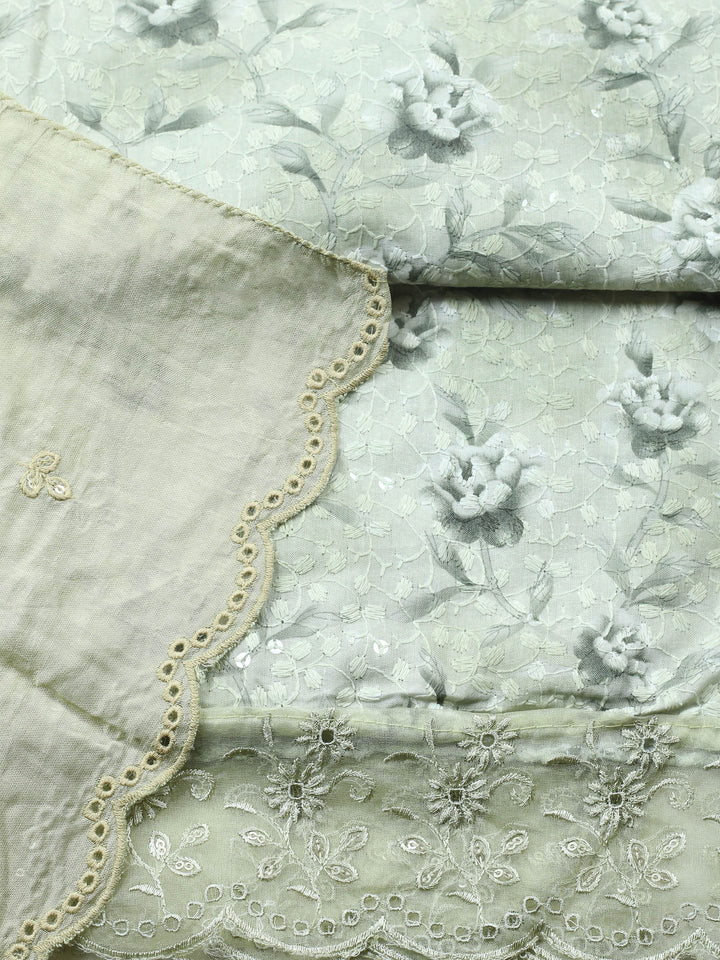Pista Green Printed Cotton Blend Unstitched Suit &amp; Pant With Cotton Dupatta