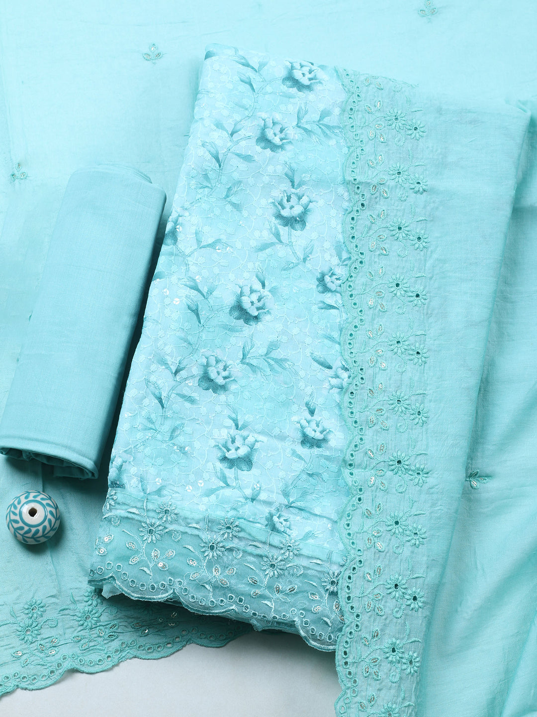 Sea Green Printed Cotton Blend Unstitched Suit &amp; Pant With Cotton Dupatta