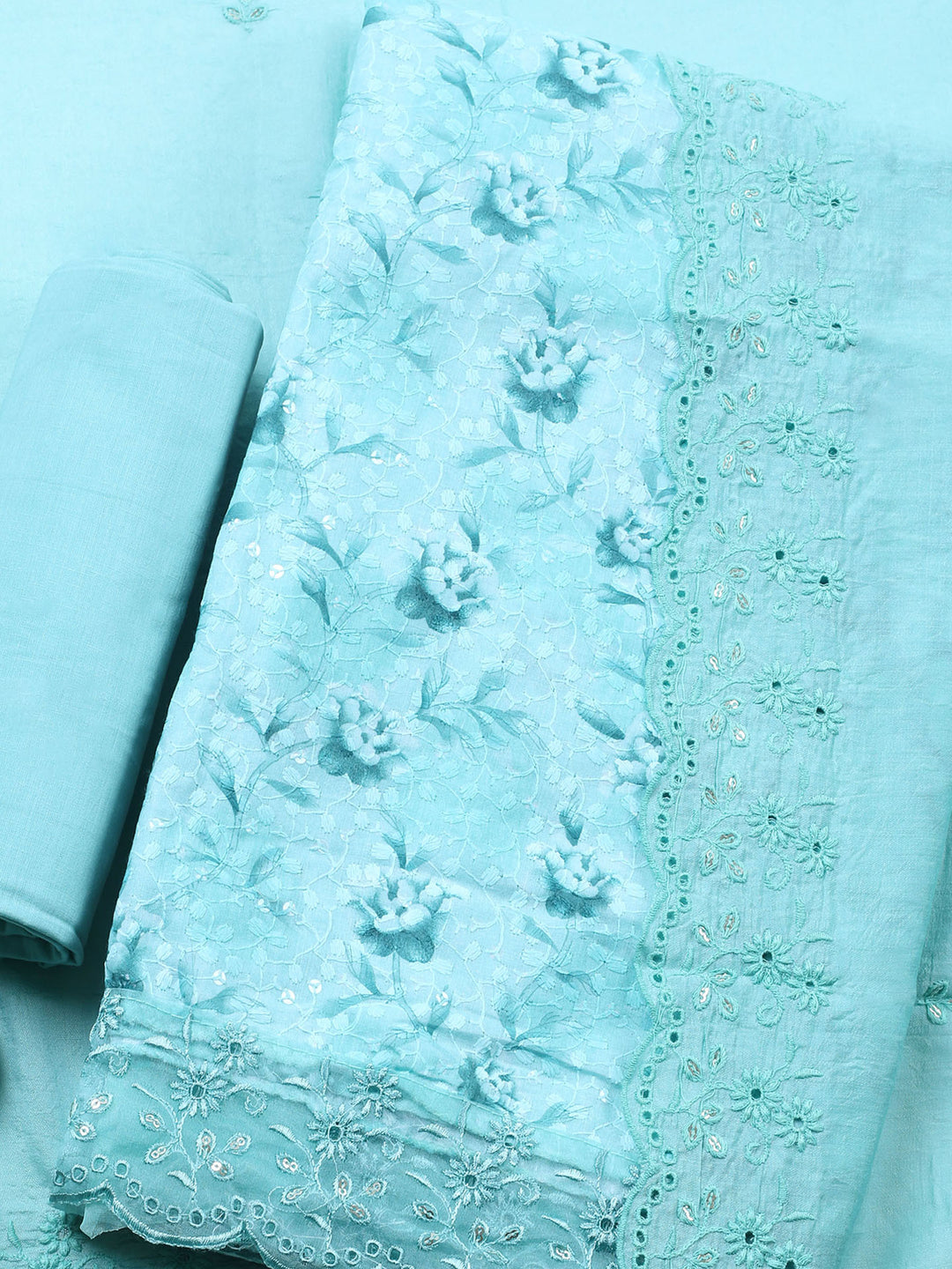 Sea Green Printed Cotton Blend Unstitched Suit &amp; Pant With Cotton Dupatta