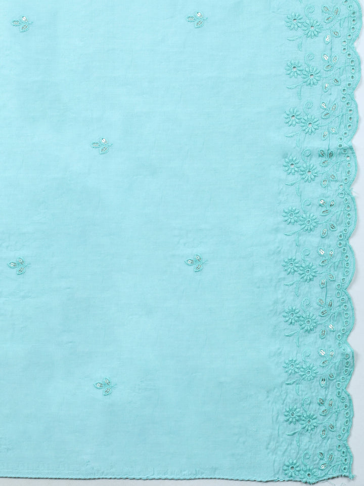 Sea Green Printed Cotton Blend Unstitched Suit &amp; Pant With Cotton Dupatta