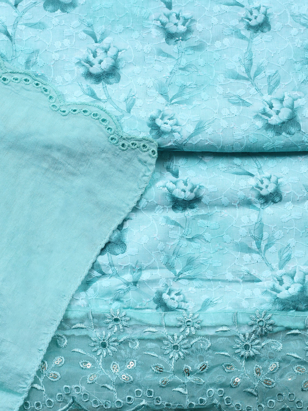 Sea Green Printed Cotton Blend Unstitched Suit &amp; Pant With Cotton Dupatta