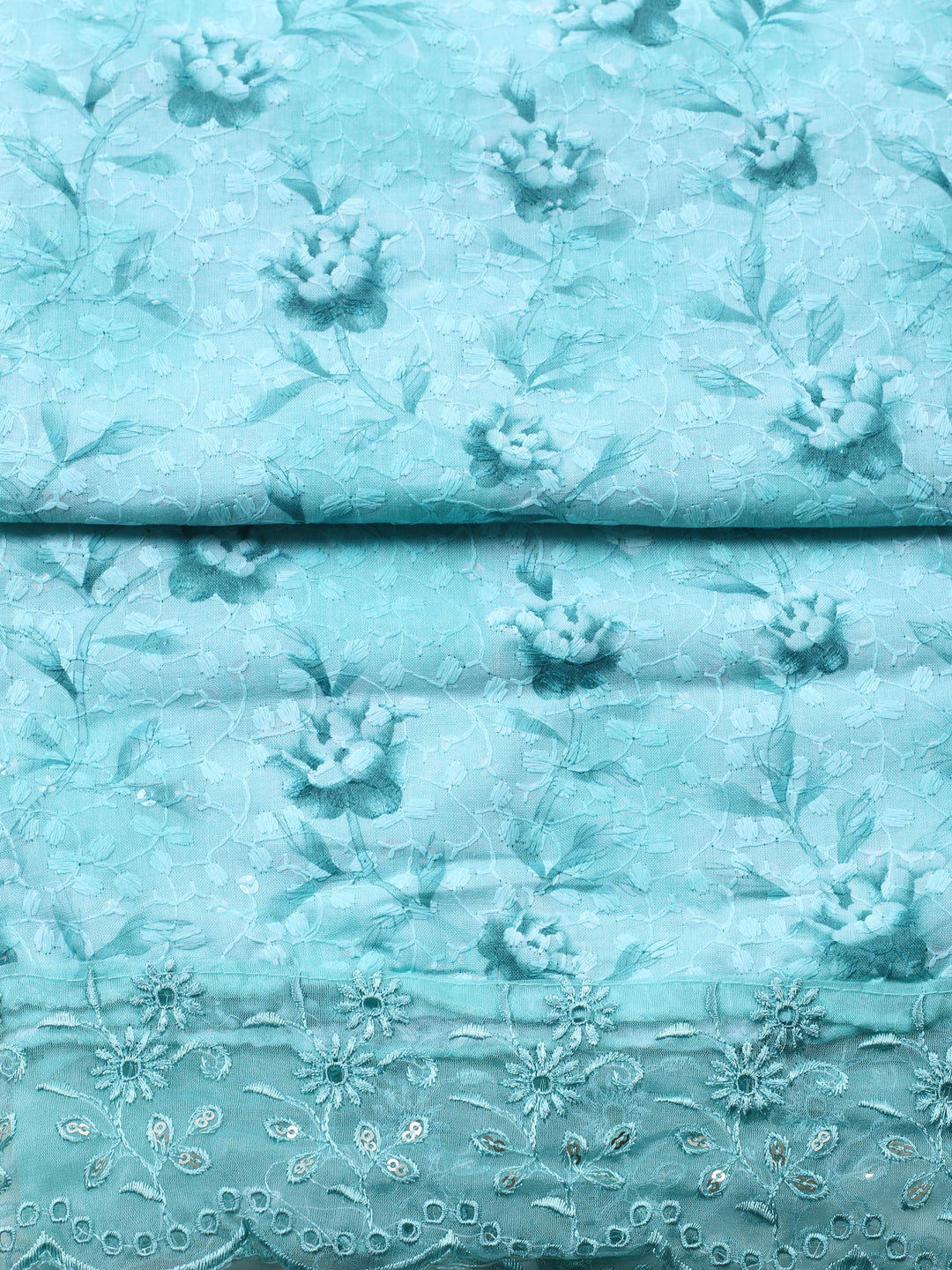 Sea Green Printed Cotton Blend Unstitched Suit &amp; Pant With Cotton Dupatta