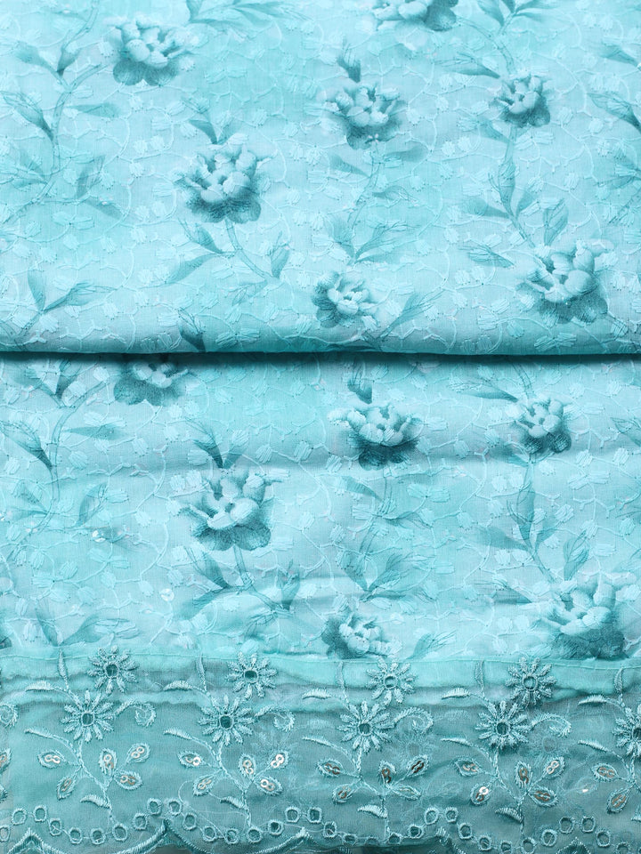 Sea Green Printed Cotton Blend Unstitched Suit &amp; Pant With Cotton Dupatta